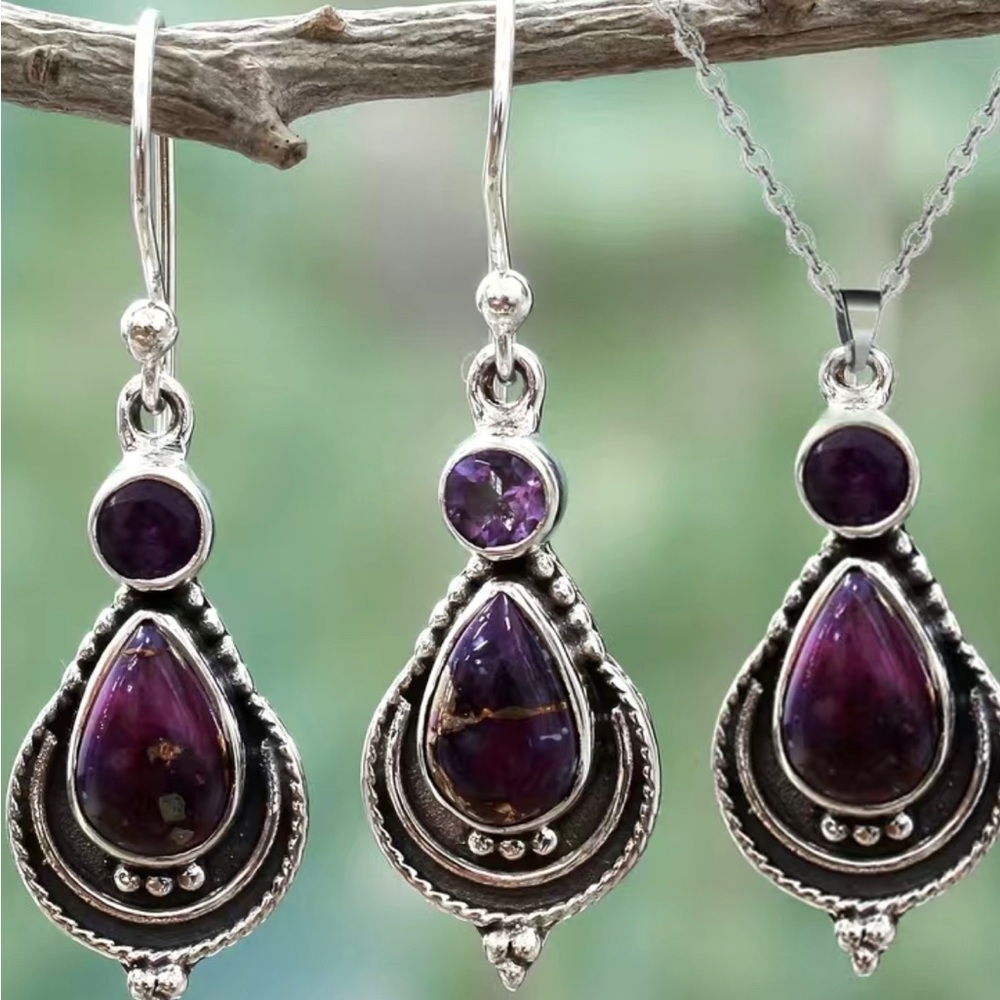 Purple Fashion Turquoise Waterdrop Shape Pendant, Earrings and Necklace set
